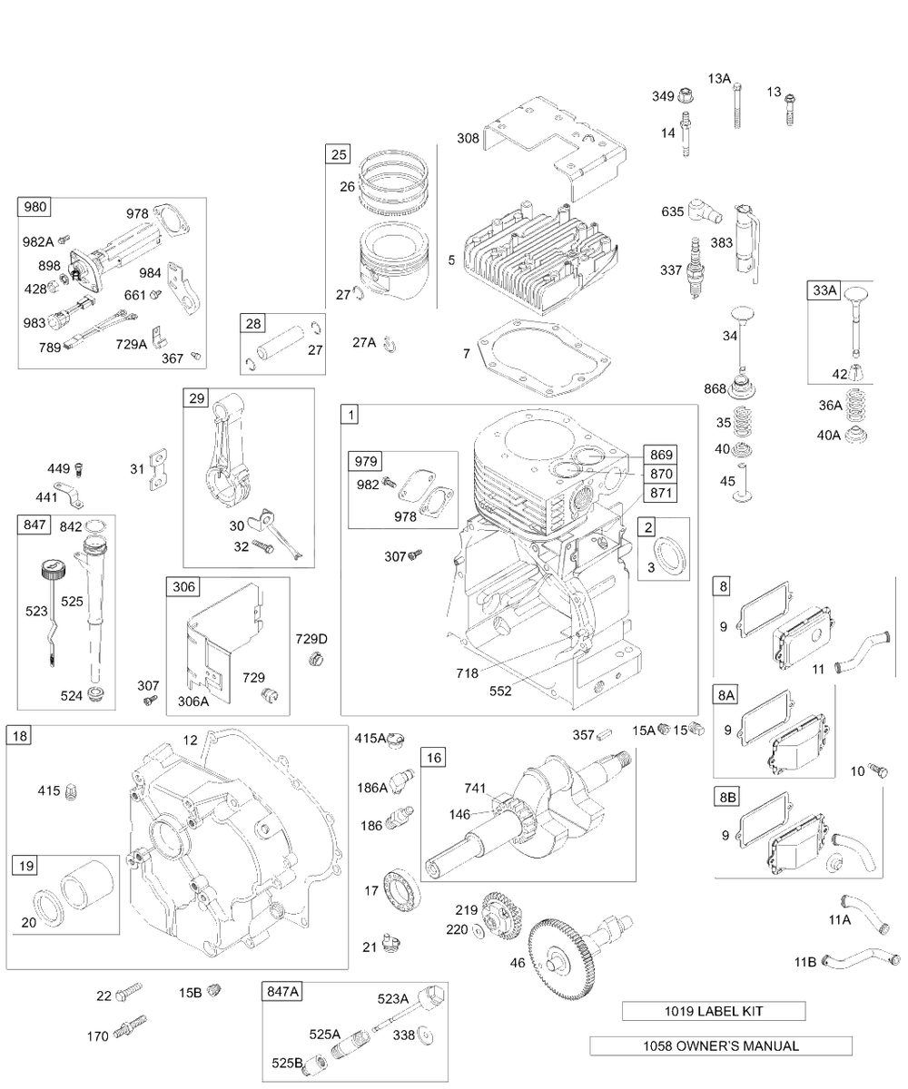 Crankcase Cover, Crankshaft, Breather, Cylinder, Pistons, Oil Diagram and Parts List for 196422-0022-XX  Briggs and Stratton Engine